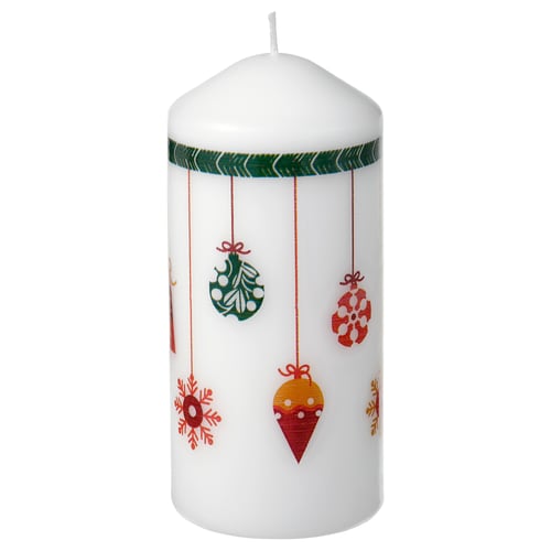 White VINTERFINT christmas candle with hanging ornaments, red & green. Decorative, festive design. Made from plant-based wax and cotton wick.