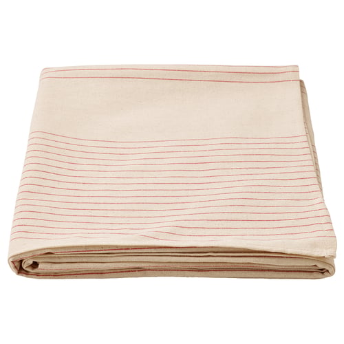 VIPPSTARR beige cotton tablecloth, simple red stripes, folded square shape.