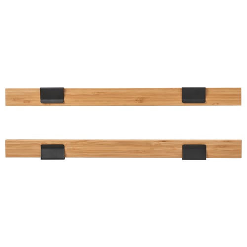 Two light brown bamboo poster hangers with black clips. Simple and decorative, perfect for displaying pictures.