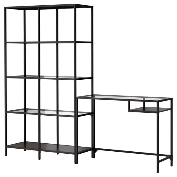 VITTSJÖ Shelving unit with laptop table, black-brown/glass, 200x36x175 cm