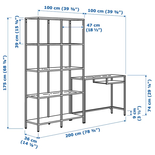 VITTSJÖ Shelving unit with laptop table, black-brown/glass, 200x36x175 cm