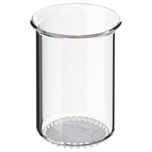 VOXNAN glass cup, clear, round, simple design, sits on a flat surface.