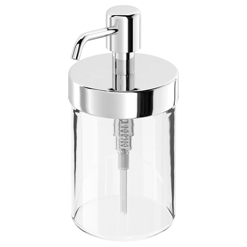 VOXNAN clear soap dispenser, chrome, round, glass body, metal pump.