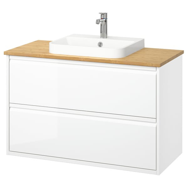 ÄNGSJÖN / BACKSJÖN Meuble avec tiroirs/vasque/mitigeur, brillant blanc/bambou, 102x49x71 cm