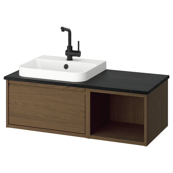 ÄNGSJÖN / BACKSJÖN Meuble lavabo/vasque/mitigeur, brun motif chêne/noir marbré, 102x49x41 cm