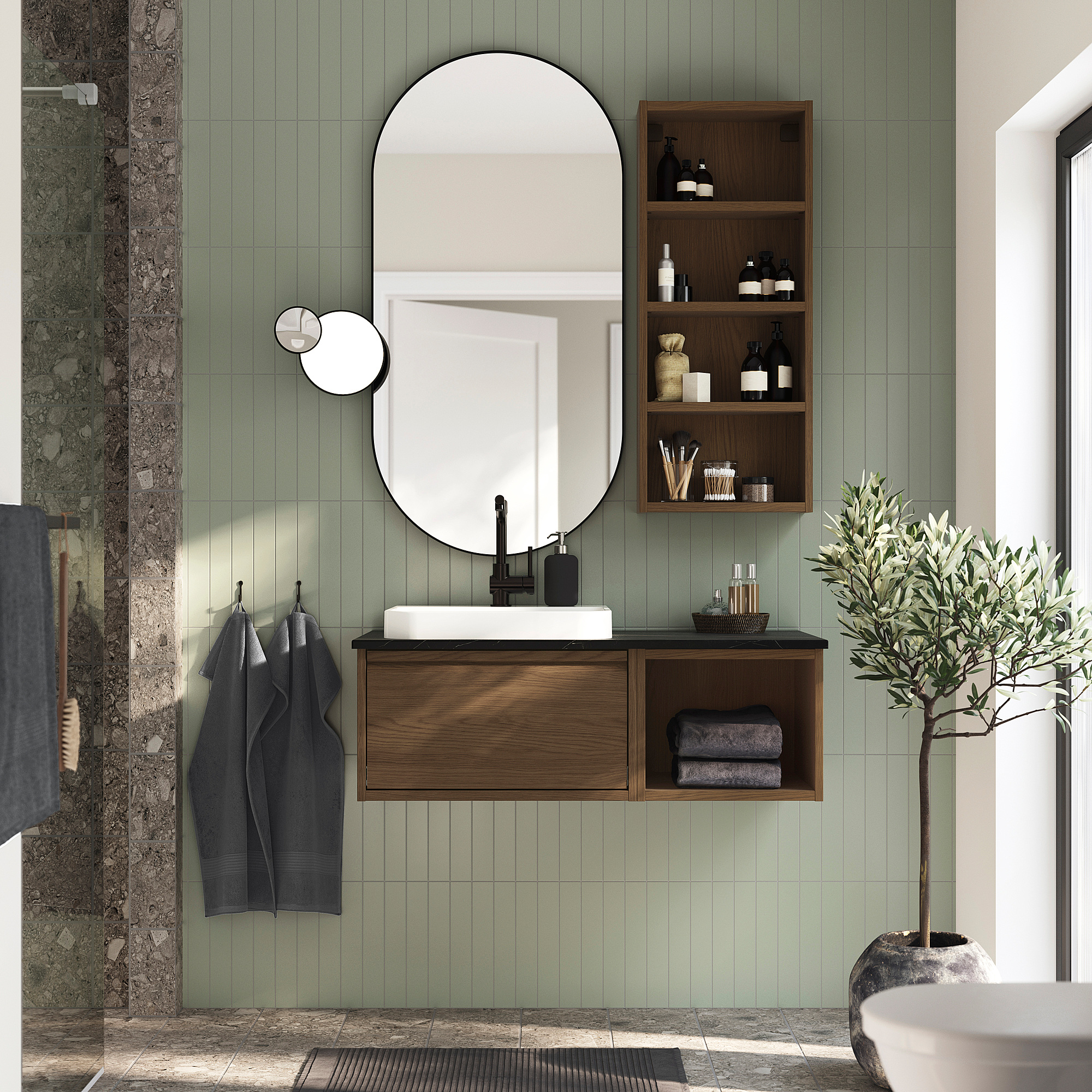 ÄNGSJÖN / BACKSJÖN Meuble lavabo/vasque/mitigeur, brun motif chêne/noir marbré, 102x49x41 cm