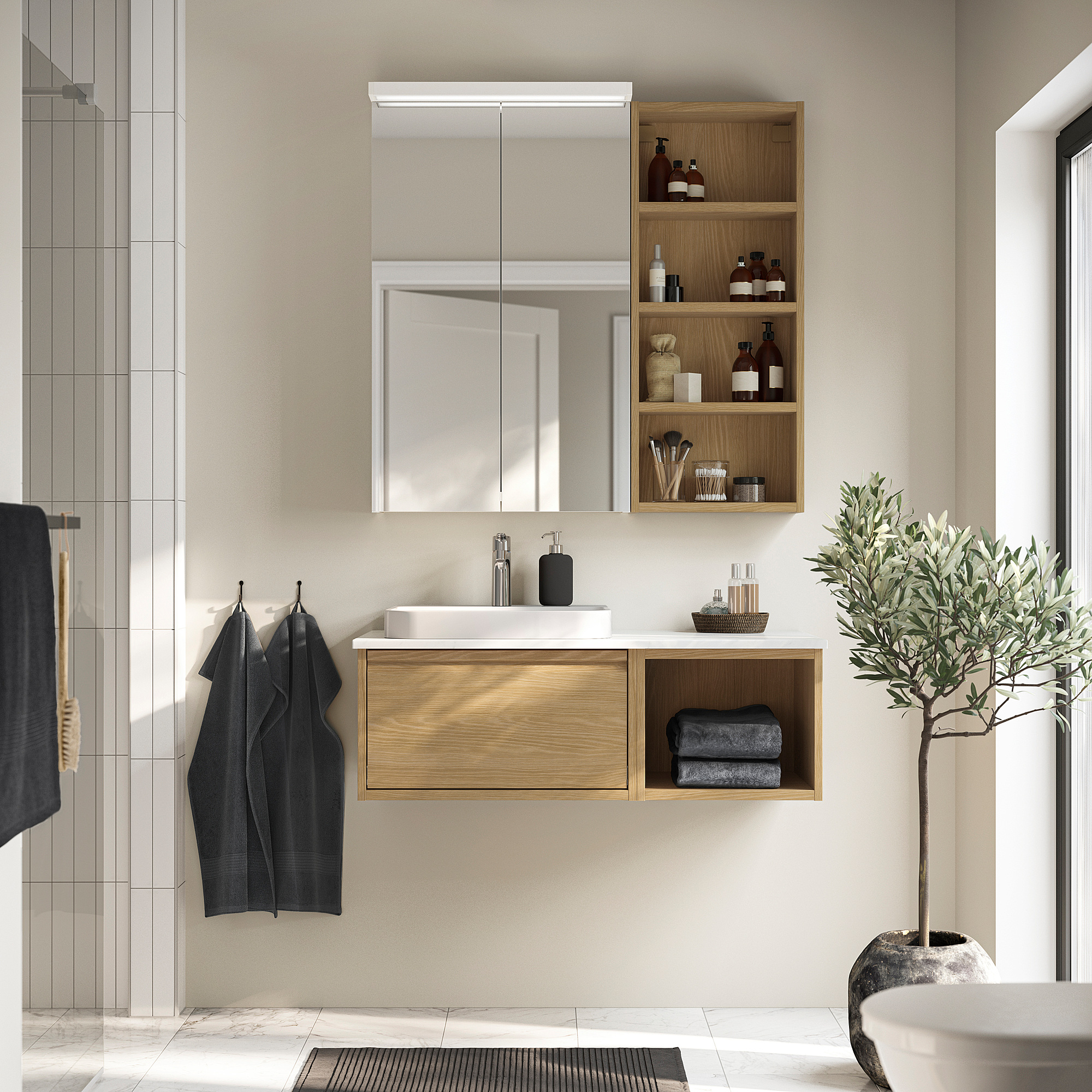 ÄNGSJÖN / BACKSJÖN Meuble lavabo/vasque/mitigeur, motif chêne/blanc marbré, 102x49x41 cm