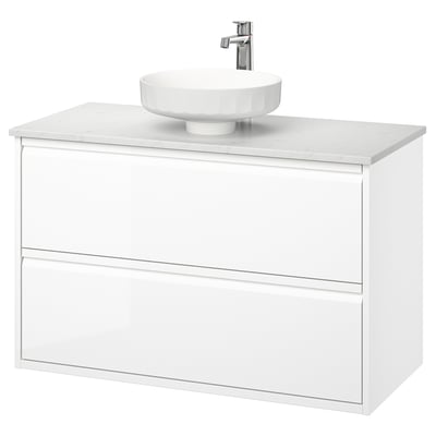 ÄNGSJÖN / LERSJÖN Meuble avec tiroirs/vasque/mitigeur, brillant blanc/blanc marbré, 102x49x79 cm