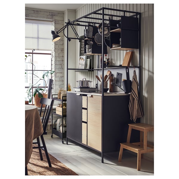 ÄSPINGE Kitchenette, noir/frêne, 120x60x202 cm
