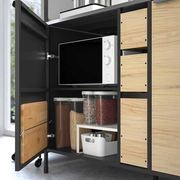 ÄSPINGE Kitchenette, noir/frêne, 120x60x202 cm