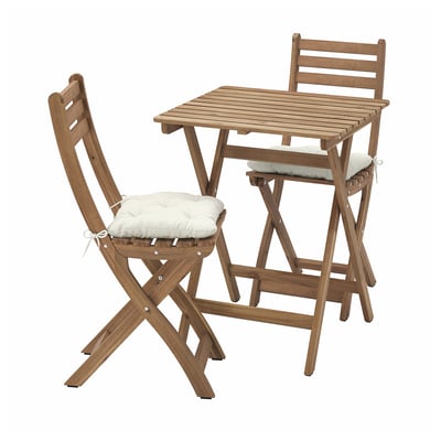 ASKHOLMEN Table+2 chaises pliantes, extérieur, brun foncé/Kuddarna beige-gris clair, 60x62 cm