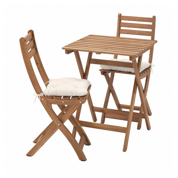 ASKHOLMEN Table+2 chaises pliantes, extérieur, brun foncé/Kuddarna beige-gris clair, 60x62 cm