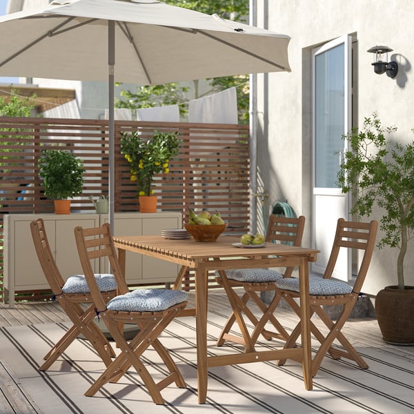 ASKHOLMEN Table+4 chaises pliantes, extérieur, brun foncé/Klösan bleu, 143x75 cm