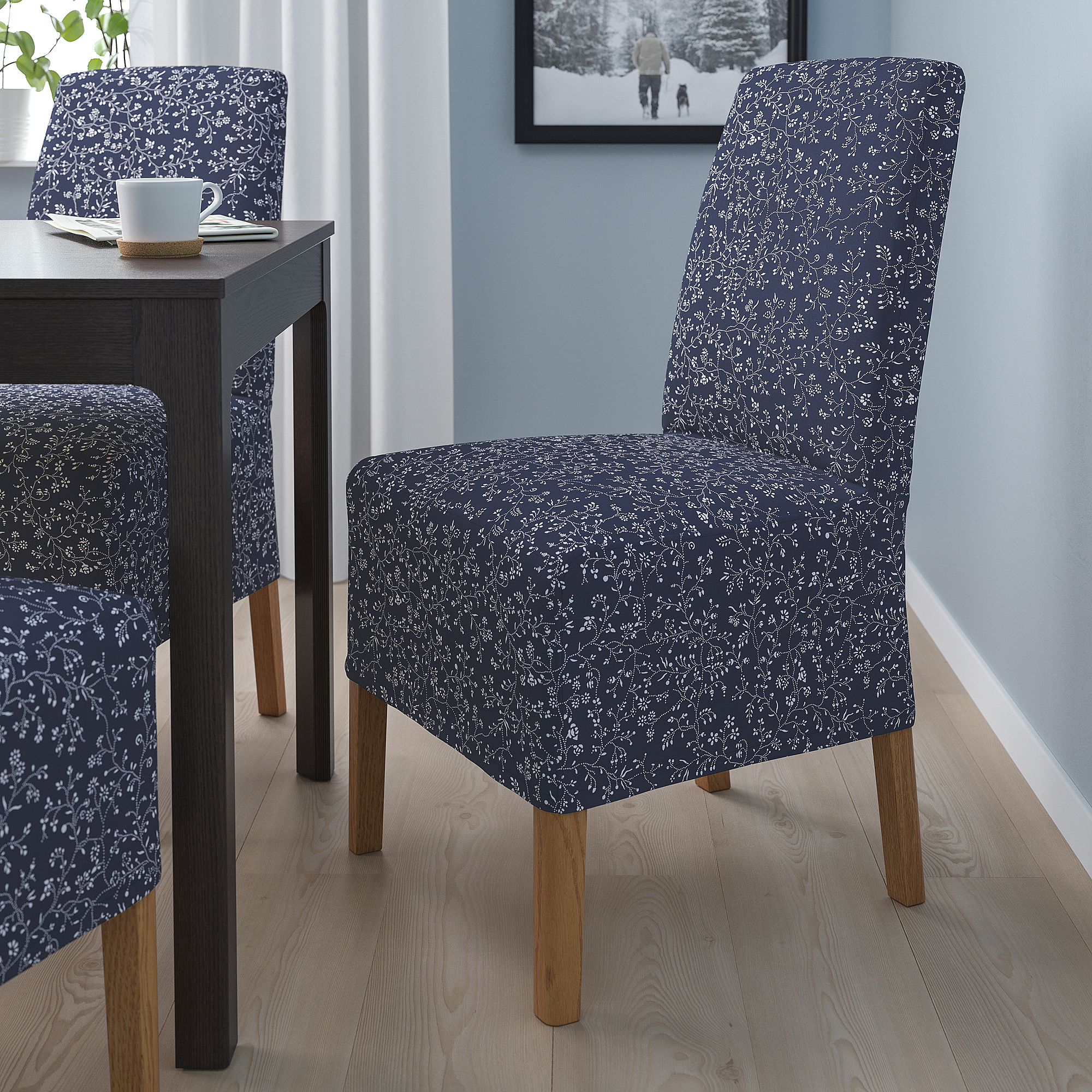 BERGMUND Chaise av housse mi-longue, motif chêne/Ryrane bleu foncé