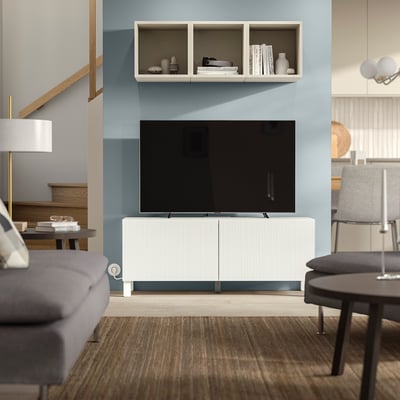 BESTÅ Banc TV avec portes, blanc/Förvaltare blanc, 120x42x48 cm