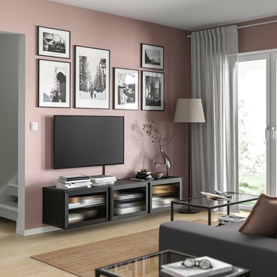 BESTÅ Banc TV avec portes, brun noir/Fällsvik anthracite, 180x42x38 cm