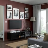 BESTÅ Banc TV avec portes, brun noir/Mörtviken noir, 180x42x38 cm