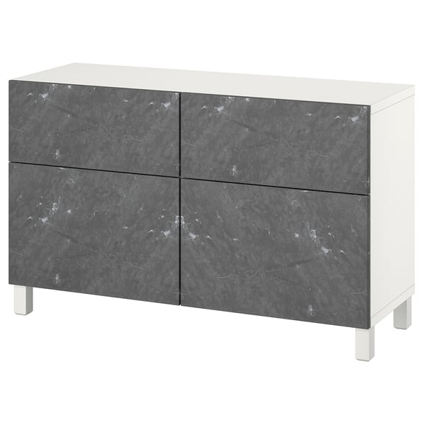 BESTÅ Combi rangement portes/tiroirs, blanc Bergsviken/Stubbarp/noir marbré, 120x42x74 cm