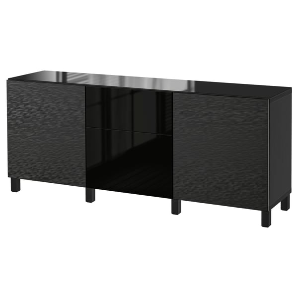 BESTÅ Combi rangement portes/tiroirs, Laxviken noir/Selsviken brillant/noir, 180x42x74 cm