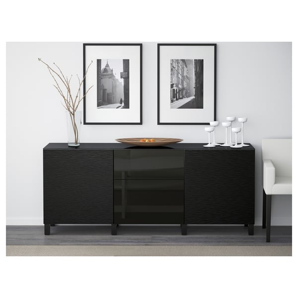 BESTÅ Combi rangement portes/tiroirs, Laxviken noir/Selsviken brillant/noir, 180x42x74 cm
