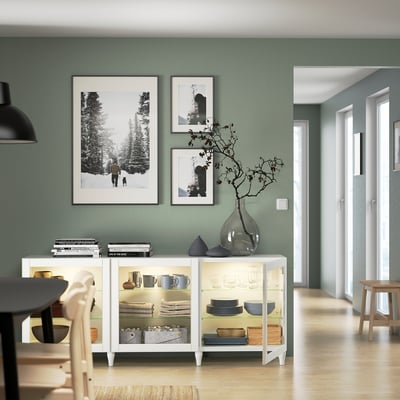 BESTÅ Combinaison rangement portes, blanc/Ostvik/Kabbarp blanc verre transparent, 180x42x74 cm