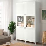 BESTÅ Combinaison rangement ptes vitrées, blanc Smeviken/Ostvik blanc verre transparent, 120x42x202 cm