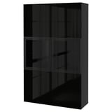 BESTÅ Combinaison rangement ptes vitrées, brun noir/Selsviken brillant/noir verre transparent, 120x42x193 cm