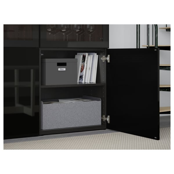 BESTÅ Combinaison rangement ptes vitrées, brun noir/Selsviken brillant/noir verre transparent, 120x42x193 cm