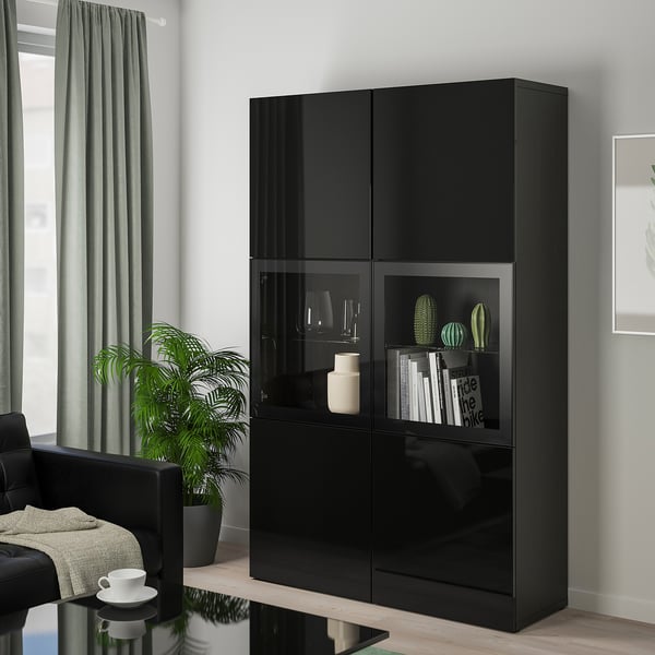 BESTÅ Combinaison rangement ptes vitrées, brun noir/Selsviken brillant/noir verre transparent, 120x42x193 cm