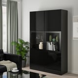 BESTÅ Combinaison rangement ptes vitrées, brun noir/Selsviken brillant/noir verre transparent, 120x42x193 cm