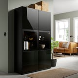 BESTÅ Combinaison rangement ptes vitrées, brun noir/Selsviken brillant/noir verre transparent, 120x42x193 cm