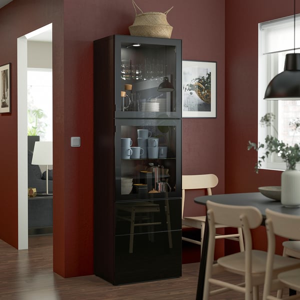 BESTÅ Combinaison rangement ptes vitrées, brun noir/Selsviken brillant/noir verre transparent, 60x42x193 cm