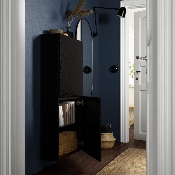 BESTÅ Élément mural 2 portes, brun noir/Laxviken noir, 60x22x128 cm