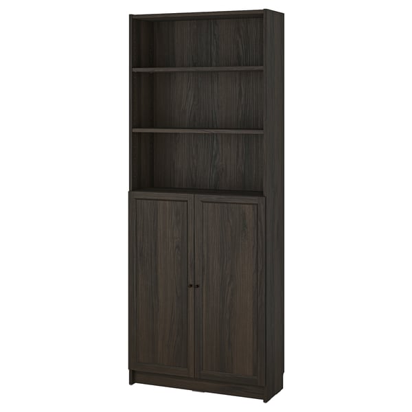 BILLY / OXBERG Bibliothèque avec portes, brun foncé motif chêne, 80x30x202 cm