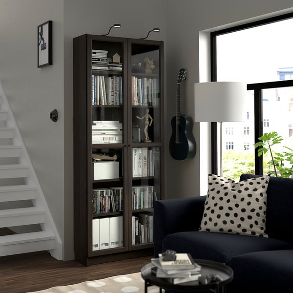 BILLY / OXBERG Bibliothèque+portes vitrées, brun foncé motif chêne, 80x30x202 cm