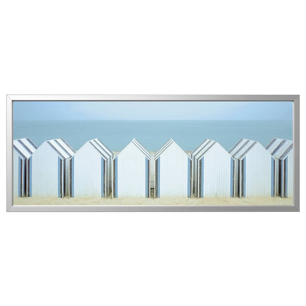 BJÖRKSTA Image avec cadre, cabines de plage/couleur aluminium, 140x56 cm