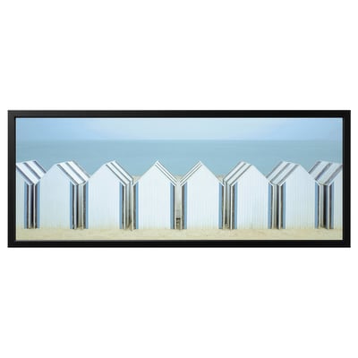 BJÖRKSTA Image avec cadre, cabines de plage/noir, 140x56 cm