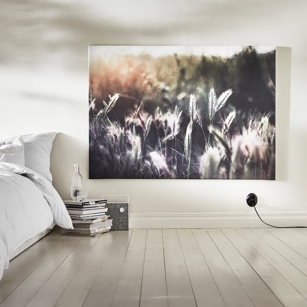 BJÖRKSTA Image avec cadre, coucher du soleil flamboyant/couleur aluminium, 140x100 cm