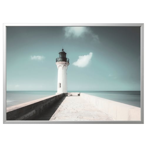 BJÖRKSTA Image avec cadre, phare blanc/couleur aluminium, 140x100 cm