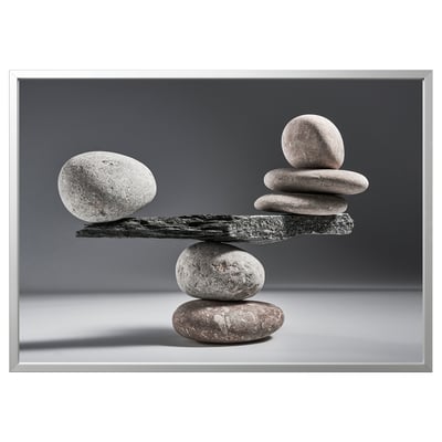BJÖRKSTA Image avec cadre, pierres en équilibre/couleur aluminium, 140x100 cm