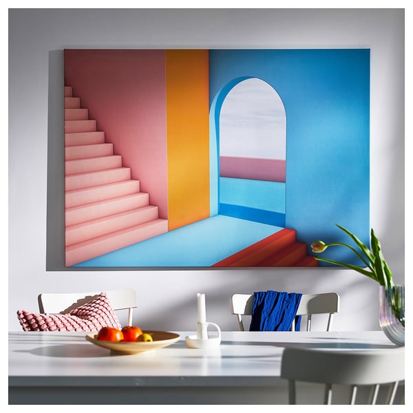 BJÖRKSTA Image avec cadre, porte/couleur aluminium, 140x100 cm