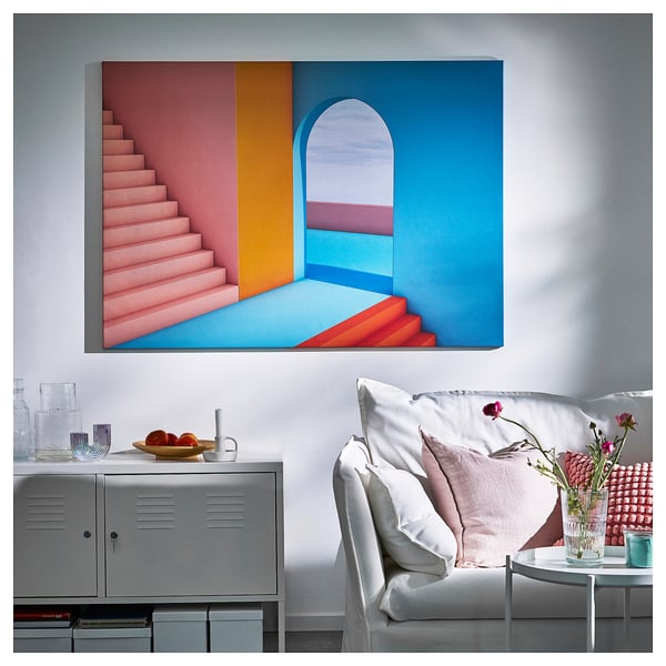BJÖRKSTA Image avec cadre, porte/couleur aluminium, 140x100 cm