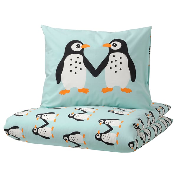 BLÅVINGAD Housse de couette et 1 taie, motif pingouin/turquoise clair, 150x200/50x60 cm