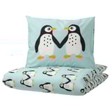 BLÅVINGAD Housse de couette et 1 taie, motif pingouin/turquoise clair, 150x200/50x60 cm