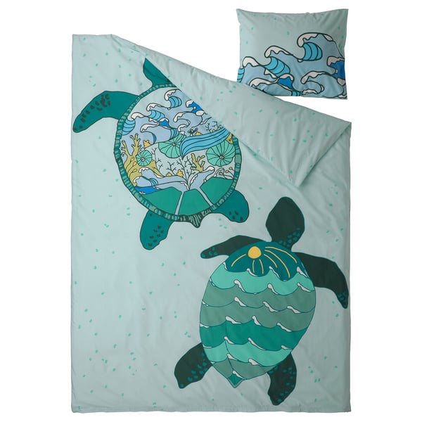 BLÅVINGAD Housse de couette et 1 taie, motif tortue/turquoise, 150x200/50x60 cm