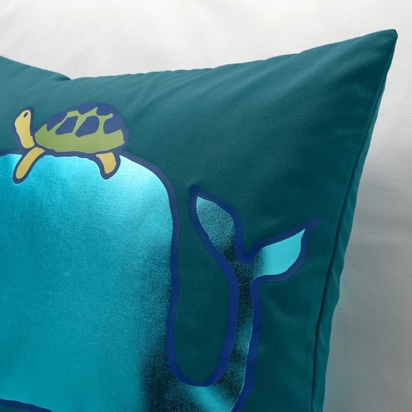 BLÅVINGAD Housse de coussin, motif baleine/bleu vert, 50x50 cm