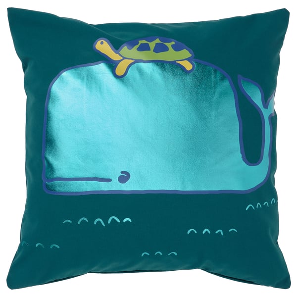 BLÅVINGAD Housse de coussin, motif baleine/bleu vert, 50x50 cm