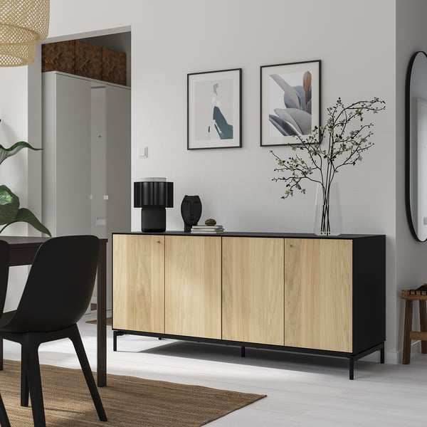 BOASTAD Buffet, noir/plaqué chêne, 161x52x75 cm