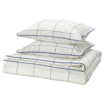 BREDVECKLARE Housse de couette et 2 taies, blanc bleu/carreaux, 240x220/50x60 cm