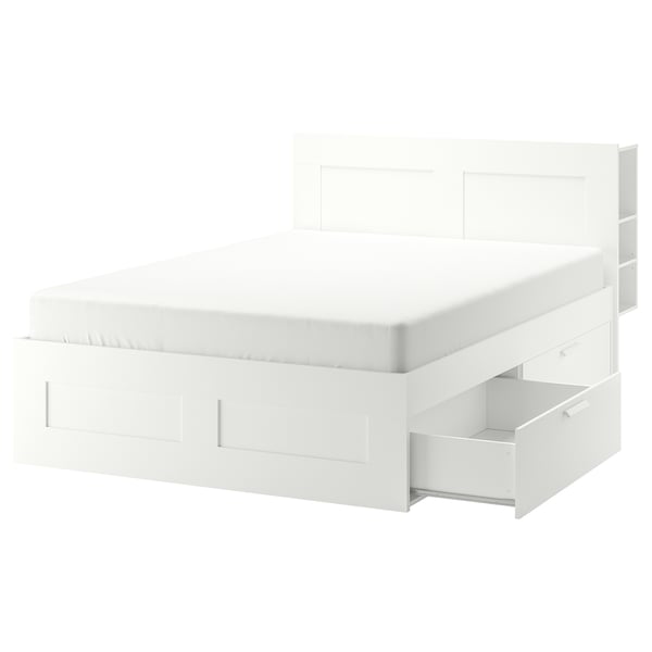 BRIMNES Cadre de lit+rangement/tête de lit, blanc/Lindbåden, 140x200 cm